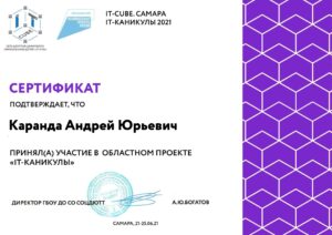 Сертификат областного проекта «IT-каникулы»
