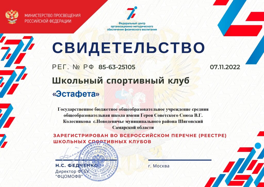 Свидетельство Школьного спортивного клуба